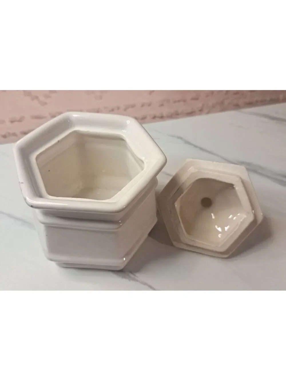 Vintage Haeger 8080 Hexagon Shaped White Sugar Bowl 5